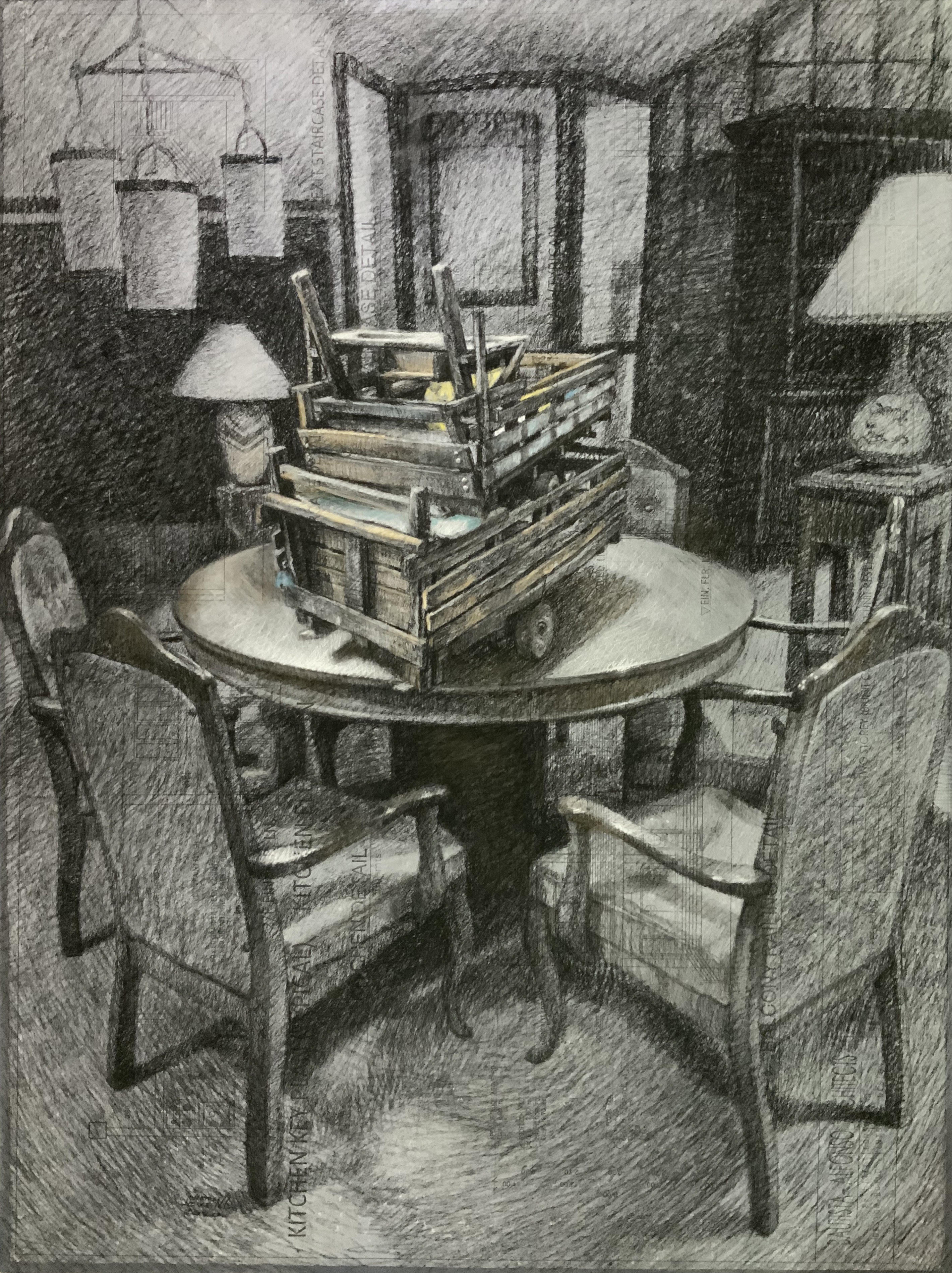 Antique, Charcoal & Pastel on Upcycled Tracing Paper on Canvas, 4 x 3