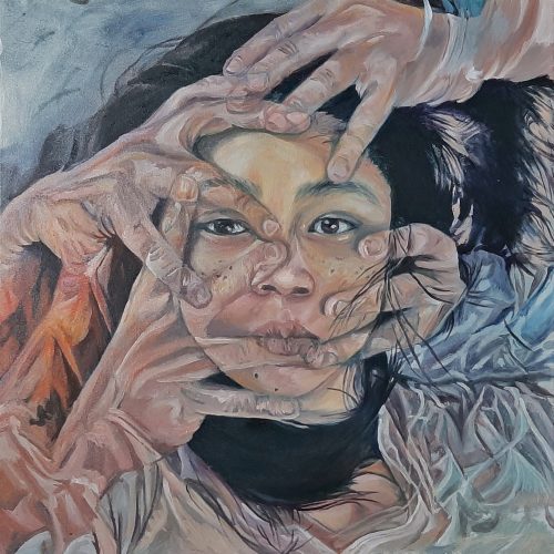 Ikang Gonzales - Tahimik sa Gitna ng Ingay, Oil on canvas, 24 x 24 inches, 2023